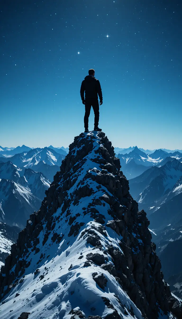 Silhouette hiker standing proud on snowy mountain summit