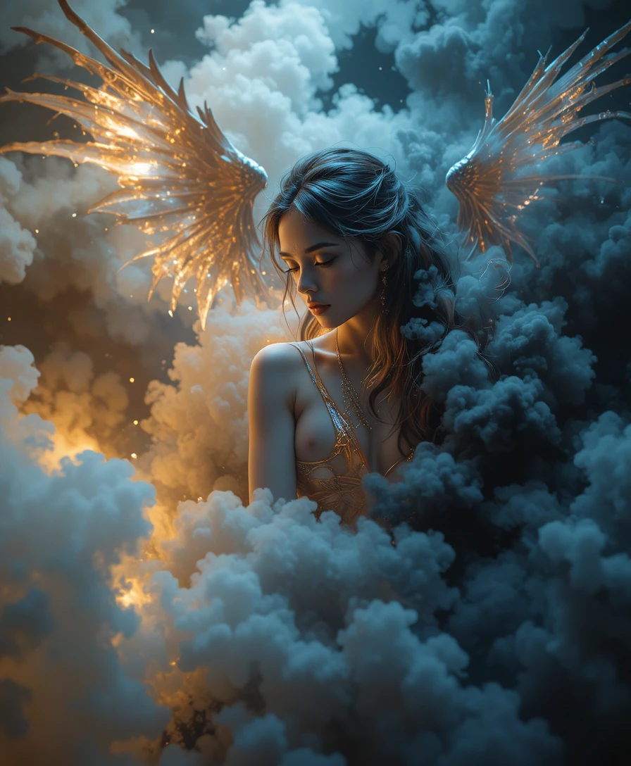Mythical girl with panther and wings in neon smoke