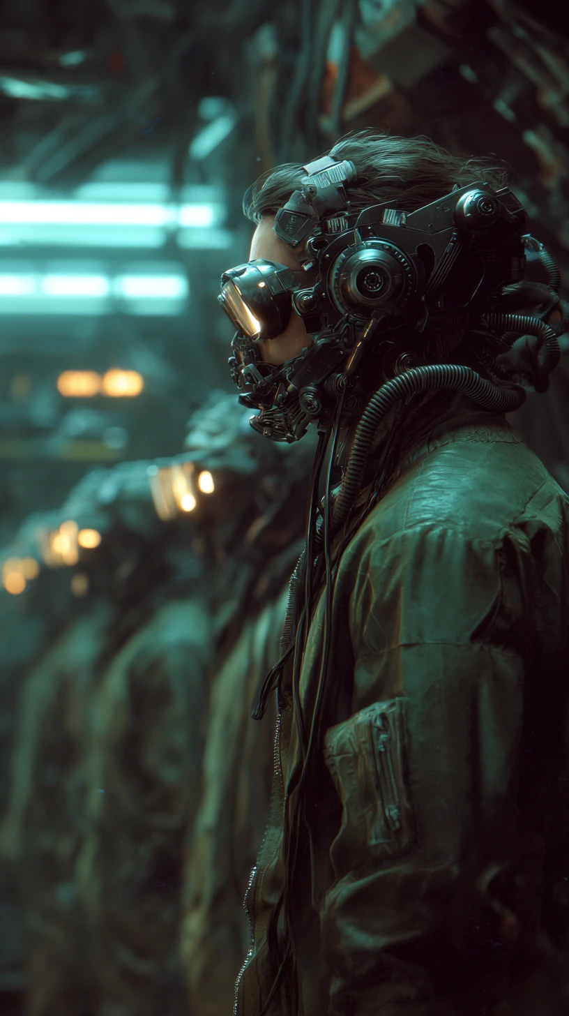 Mann mit Sci-Fi-Schutzbrille und mechanischer Totenkopf-Atemmaske
