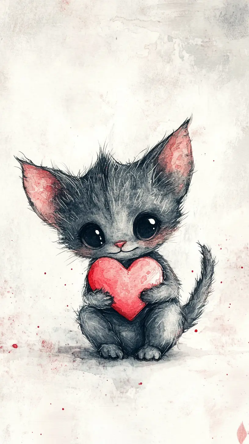 Dreamy watercolor kitten holding a tiny red heart