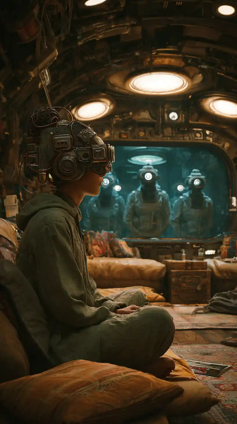 Man With Mechanical Skull Mask In Futuristic Ship Corridor