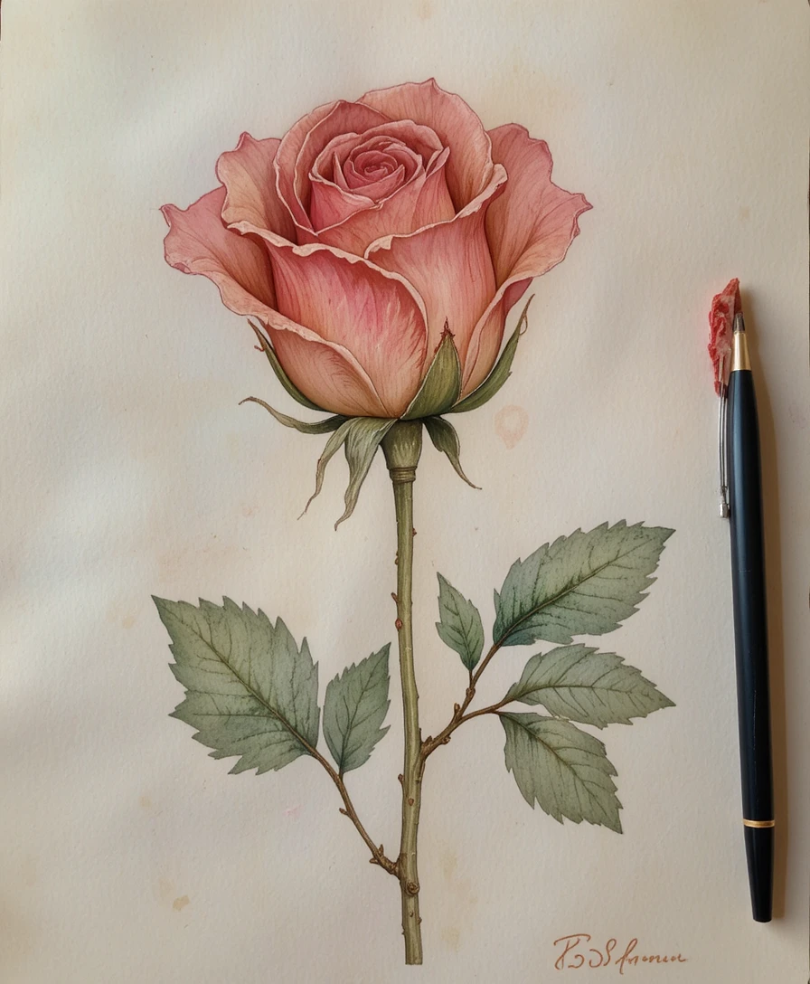 Zarte Aquarell-Rosenknospe vor weichem Tüll-inspiriertem Hintergrund