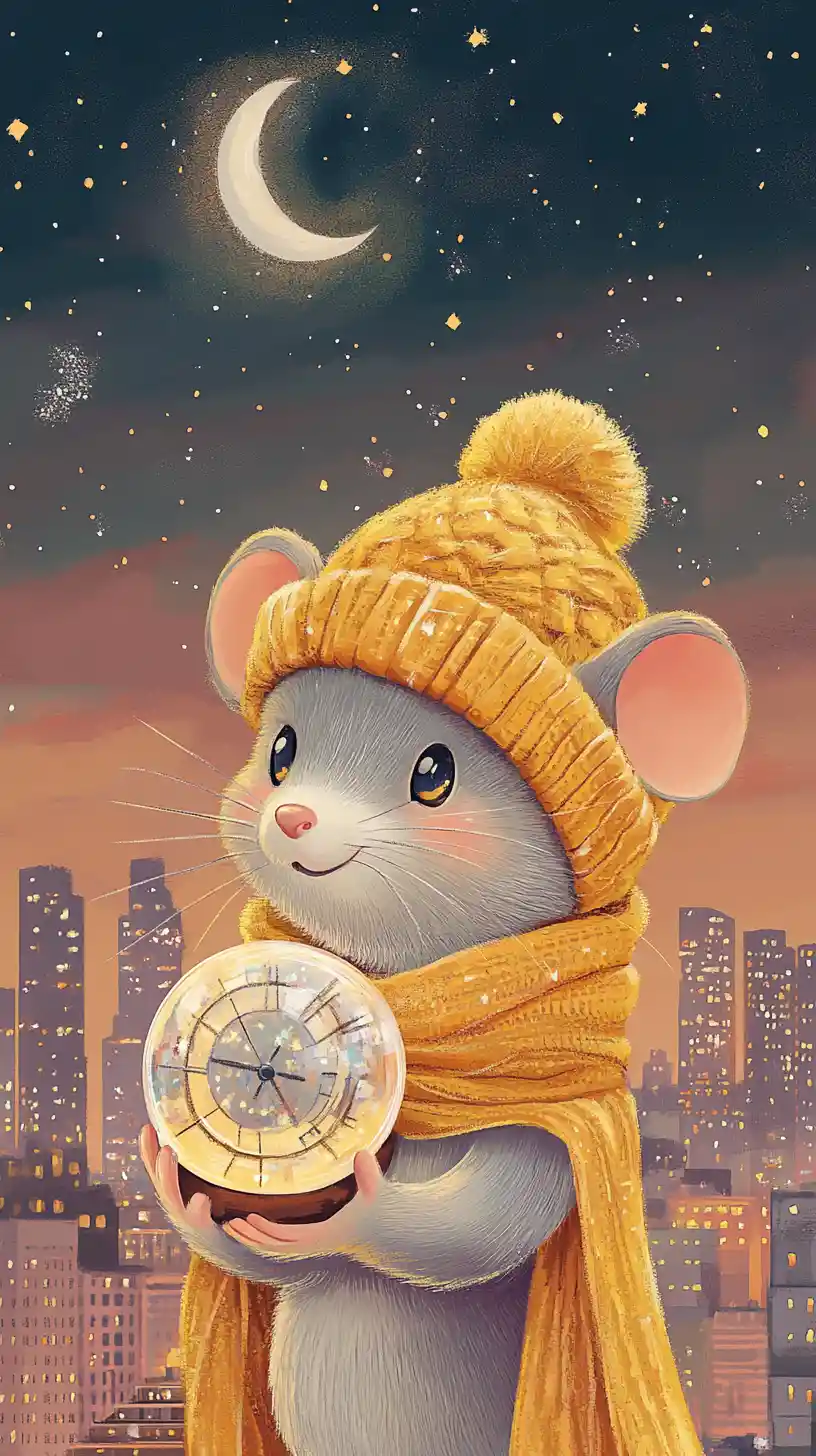 Dolce topolino cartoon con orologio a sfera di cristallo nella notte