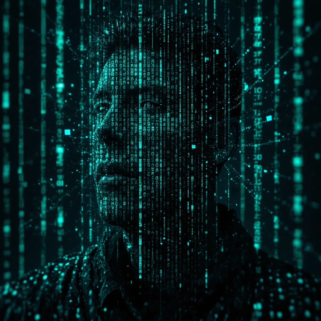 Cinematic neon glitch matrix pattern with digital fragmentation