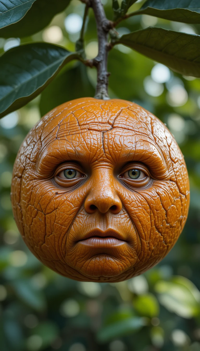 Runzelige alte Orange mit gesichtsähnlicher Struktur am Ast