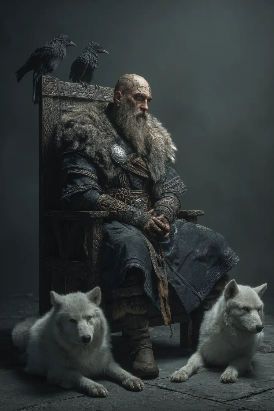 Mythic king on a dark throne with ravens and wolves