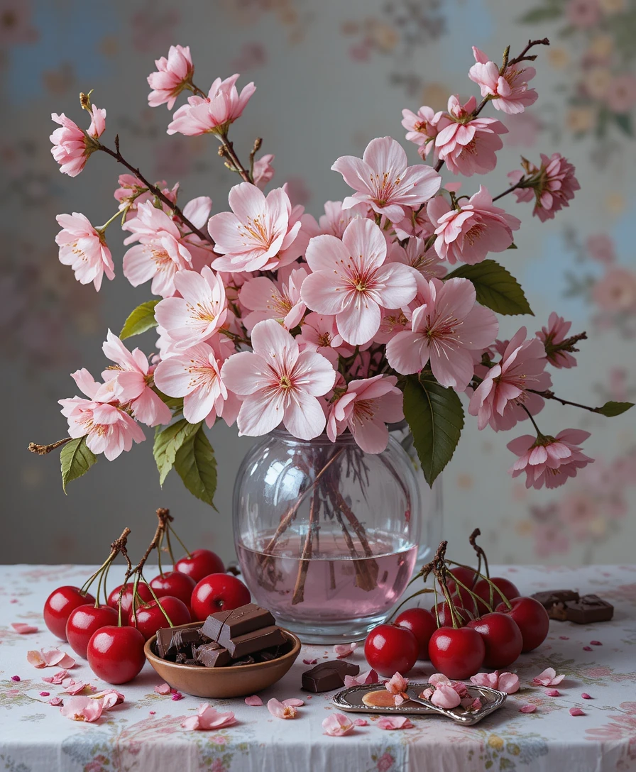 Cherry blossoms and fruits on colorful glass plates still life