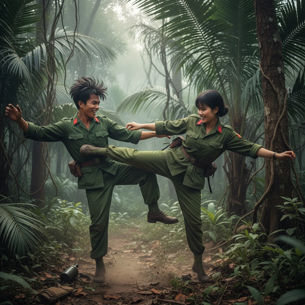 Soldados de Vietnam del Norte y del Sur entrenando combate en la jungla