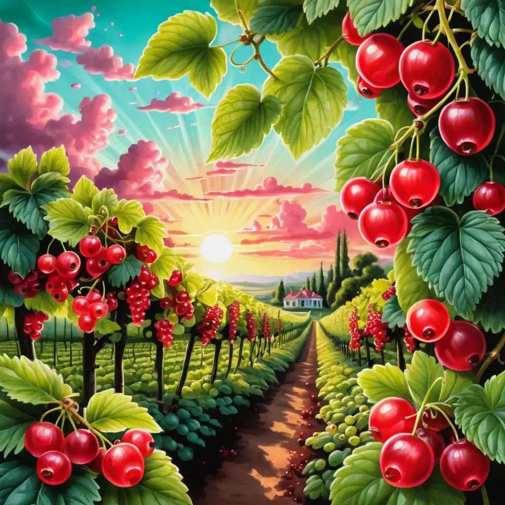 Surreal sunrise currant plantation in vivid red and green tones