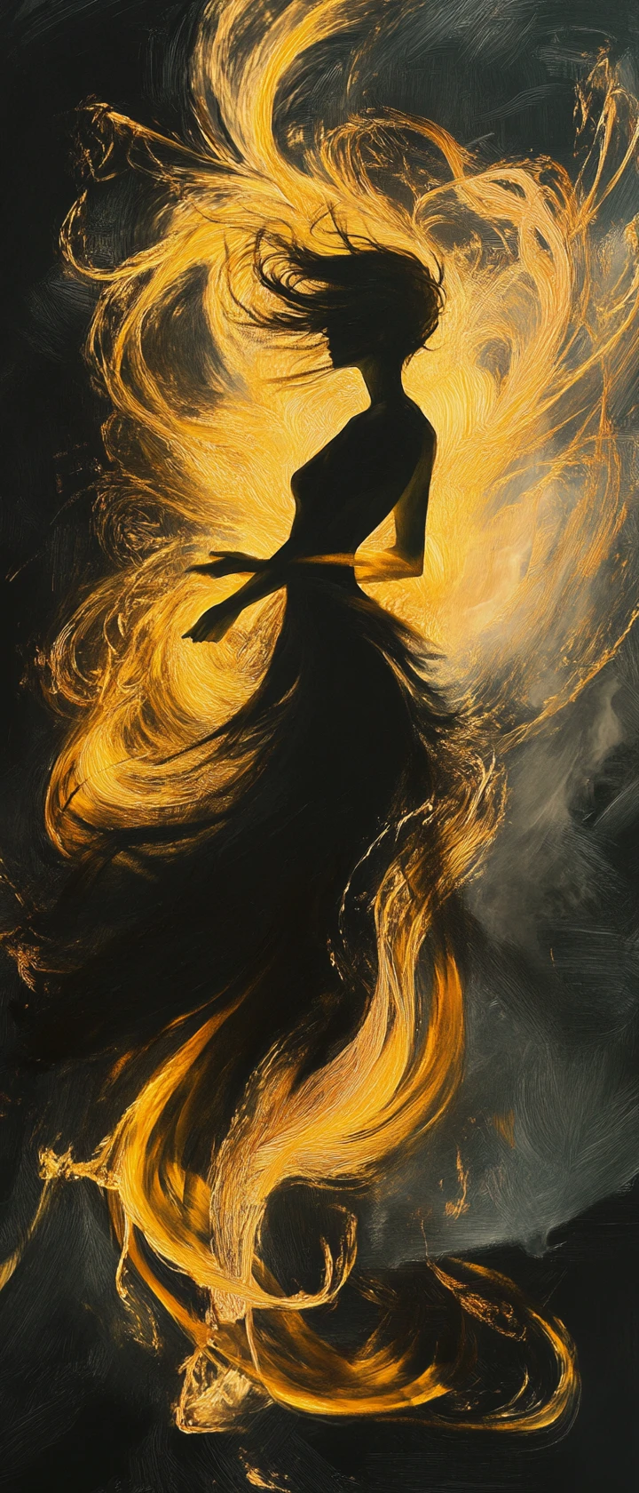 Emozioni dorate e luminose che formano la silhouette di una ragazza nello spazio