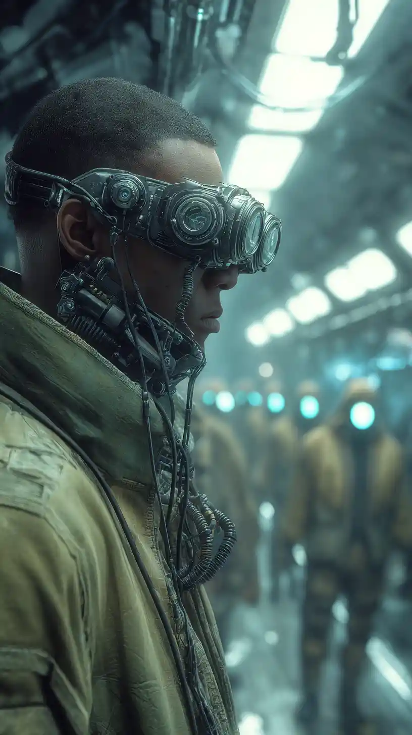 Uomo sci‑fi con occhiali steampunk nel corridoio di un'astronave