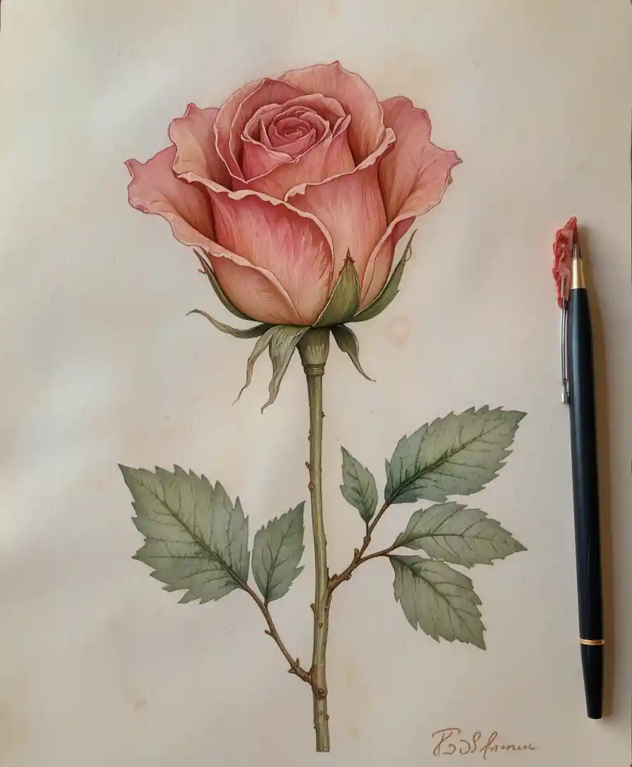Delicate watercolor rose bud on soft tulle inspired background