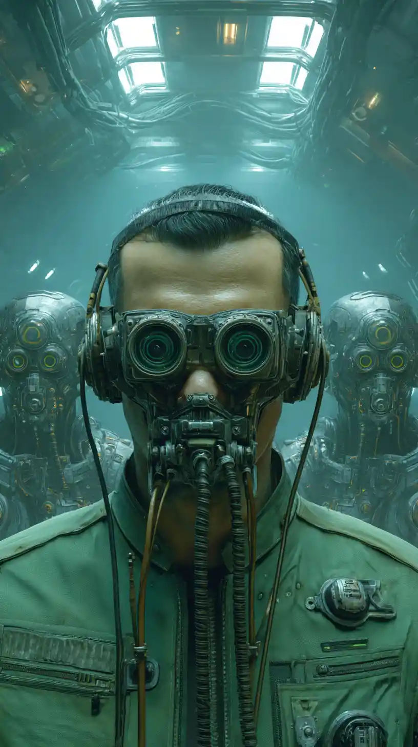 Man In Steampunk Goggles Inside Futuristic Spaceship Corridor