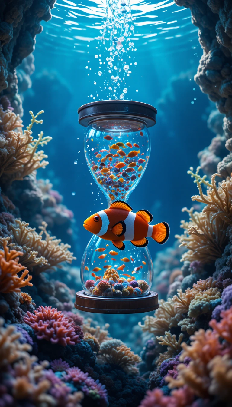 Niedlicher Clownfisch mit Sanduhr auf ruhigem Korallenplaneten