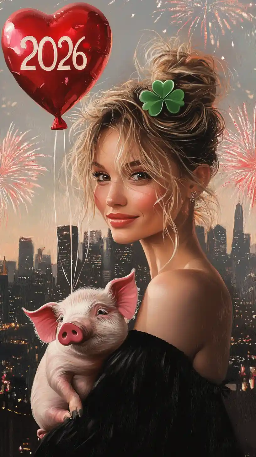 Mulher segurando um leitão com fogos de artifício sobre o horizonte da cidade