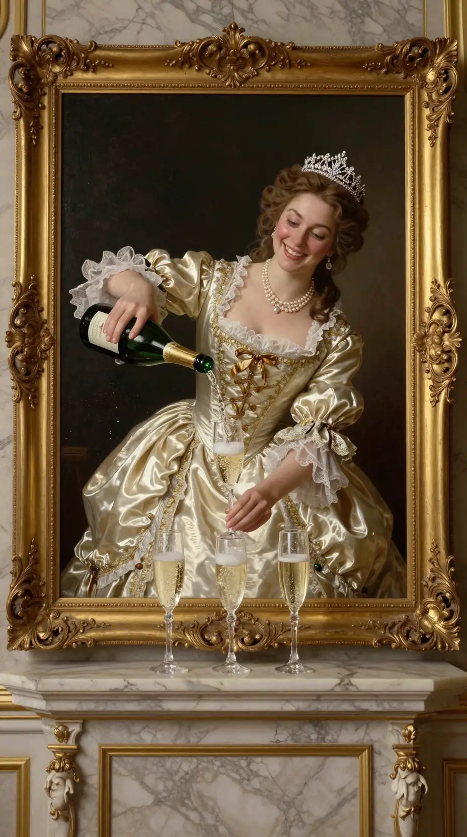 Noblewoman Pouring Champagne From A Magical Framed Painting