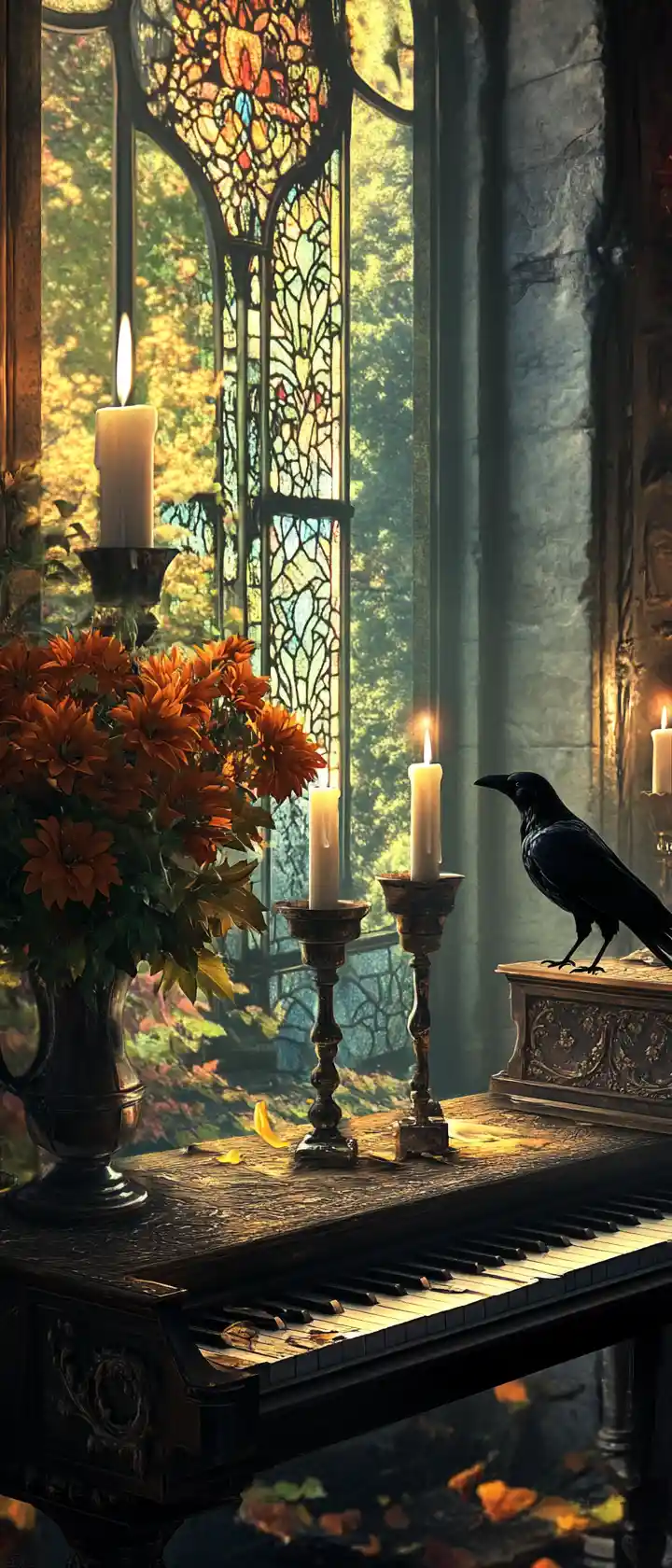 Piano In Dim Office With Candles And Chrysanthemums