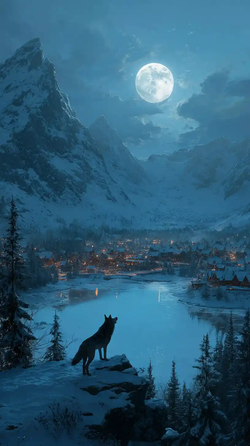 Lupo solitario sotto la luna piena tra le montagne innevate