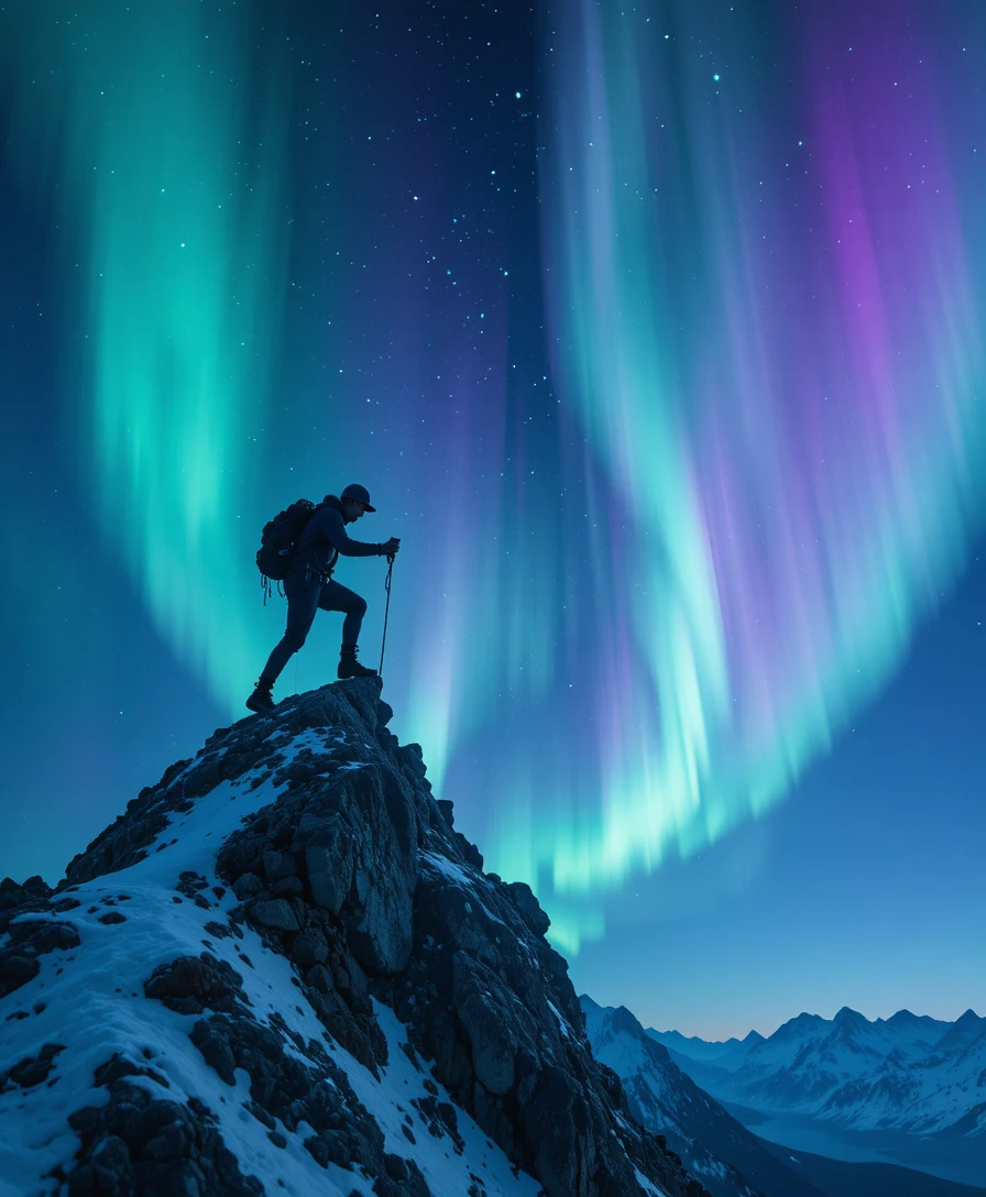 Silhouetted climber reaching a snowy mountain summit at night