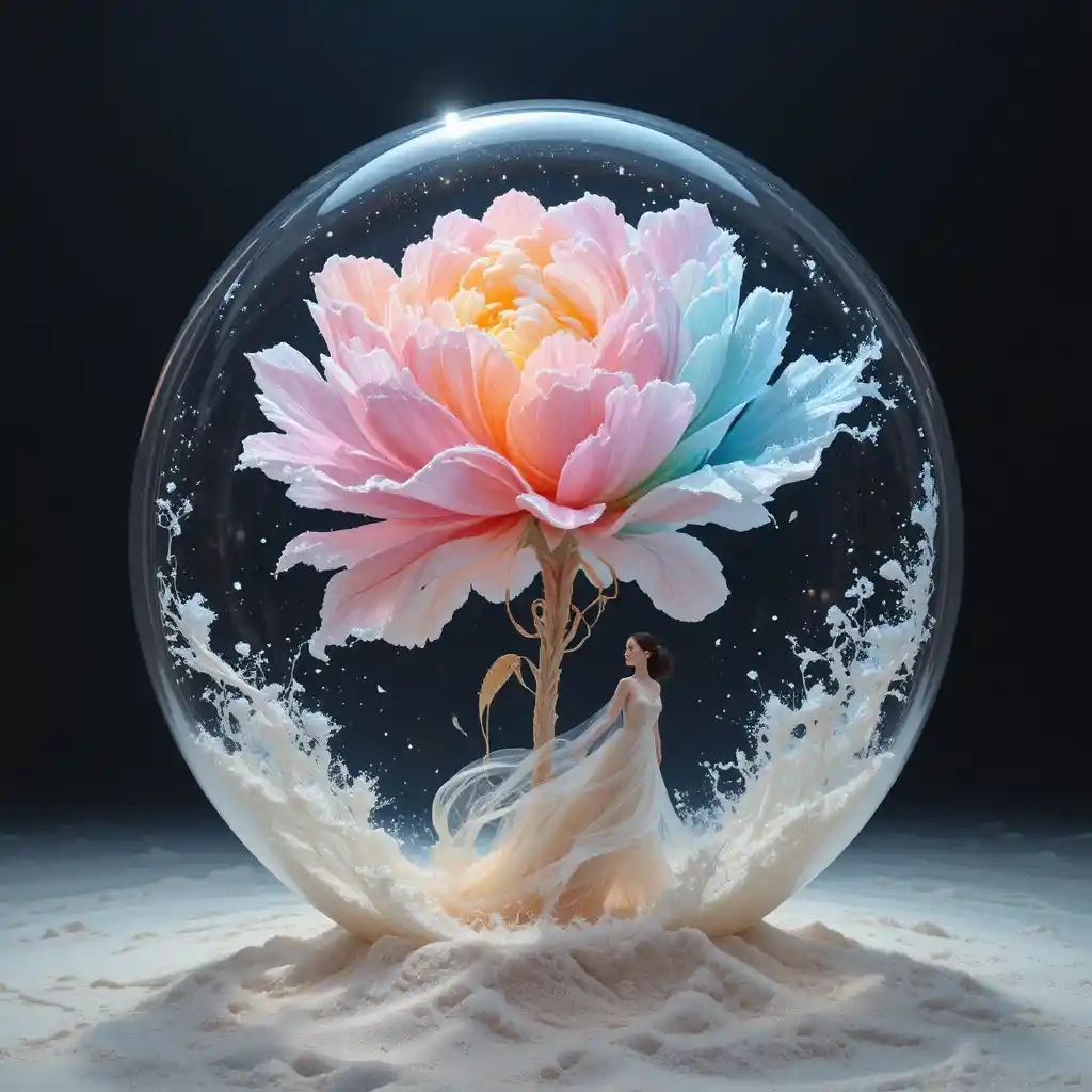 Ethereal woman emerging from a winter landscape sphere