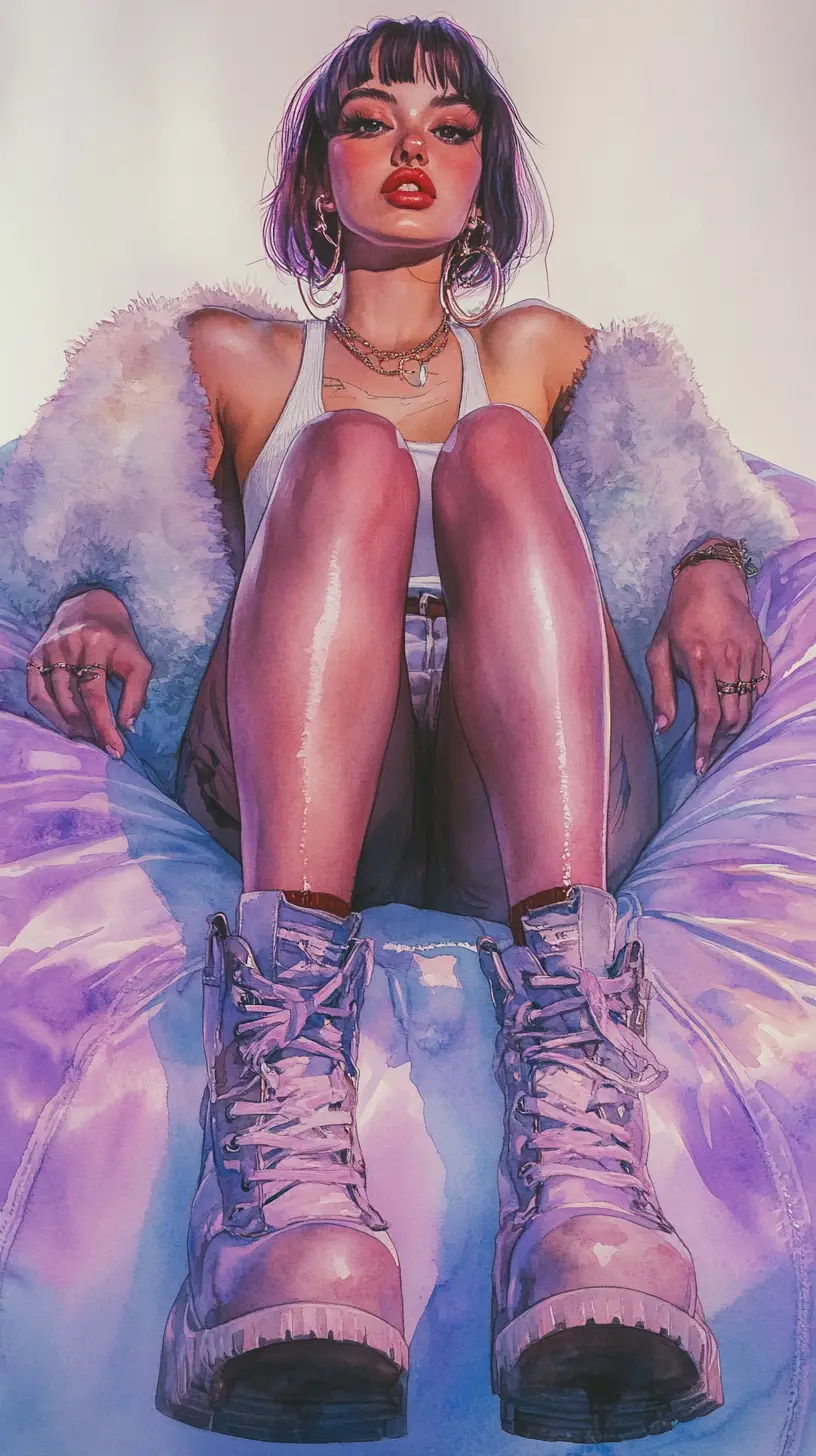 Watercolor portrait of a stylish girl in a beanbag chair