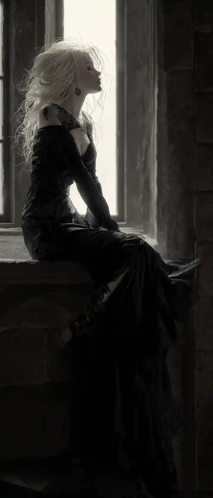 Gothic princess climbing through a moonlit castle window