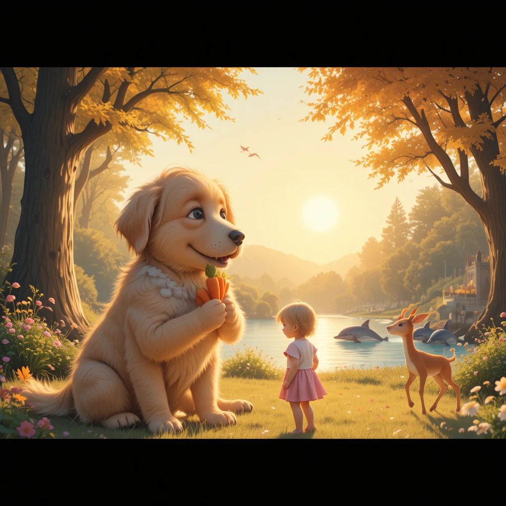 Child hugging golden retriever in a sunny green park