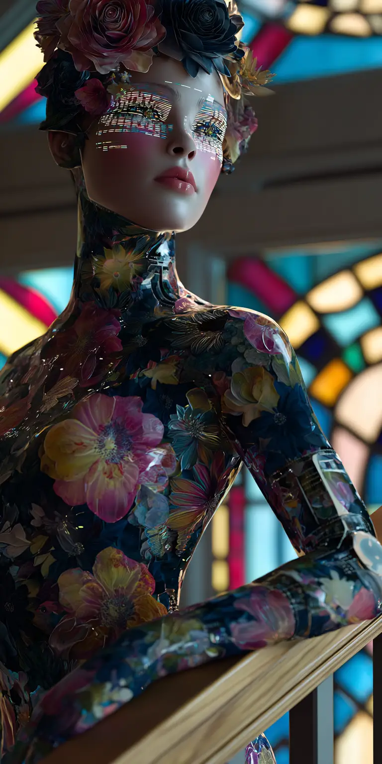 Floral cyber woman leaning on a grand staircase