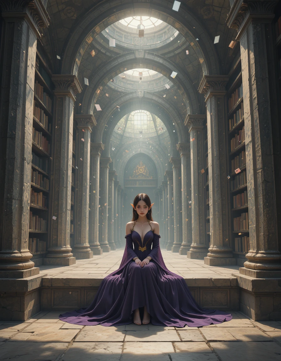 Fille elfe lisant dans une bibliothèque fantastique magique en plein air