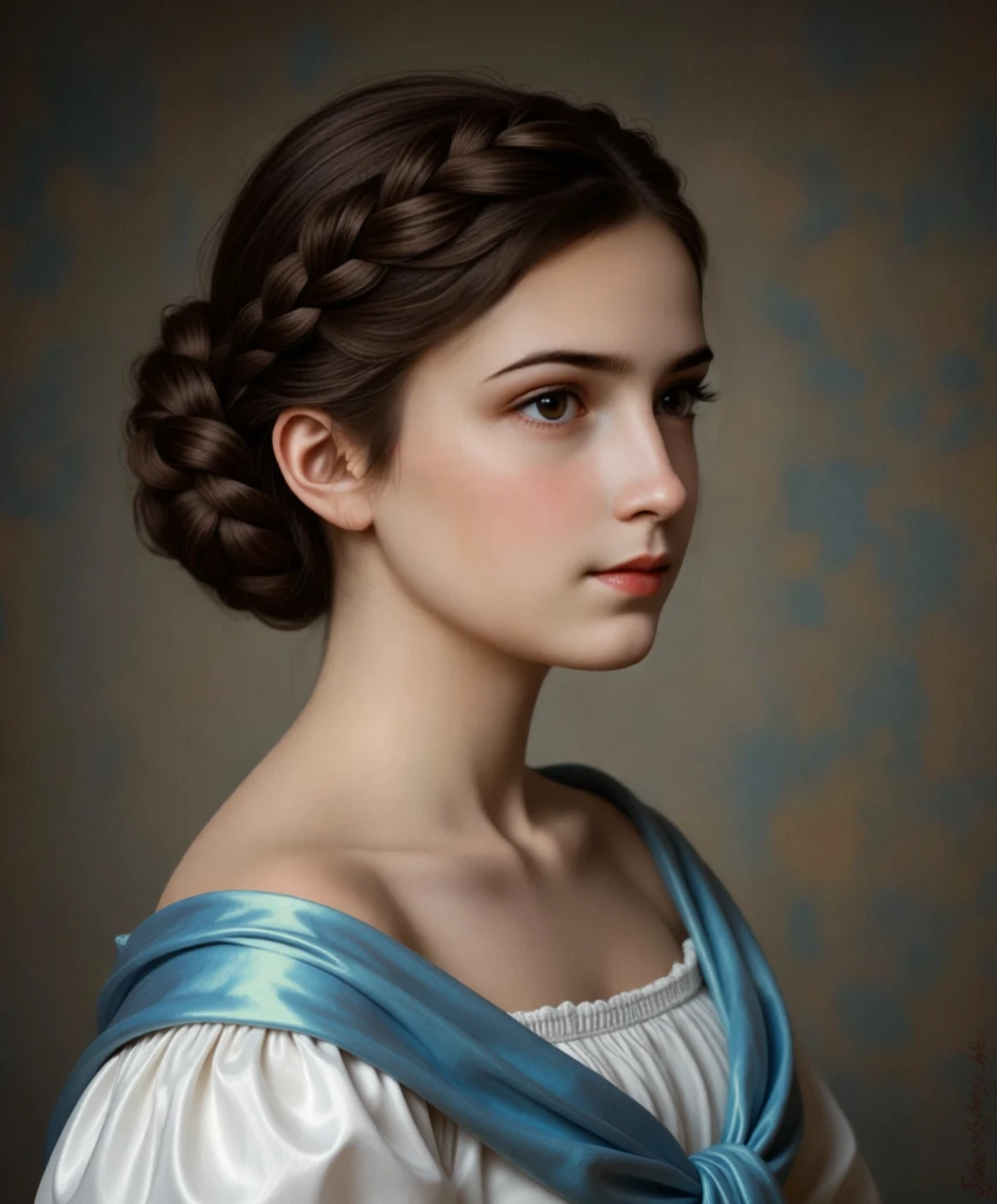Young lady in white silk dress with blue silk stole