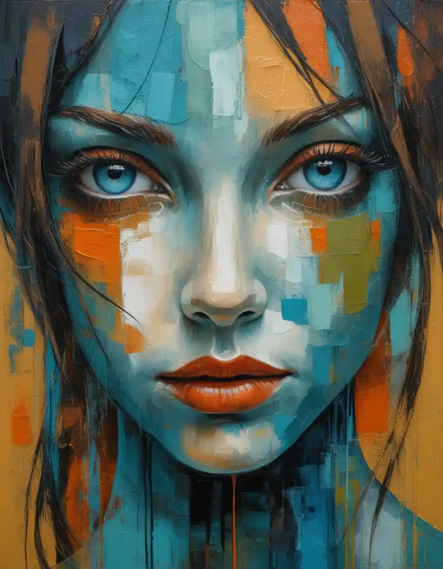 Expressionist portrait of a young woman with blue eyes