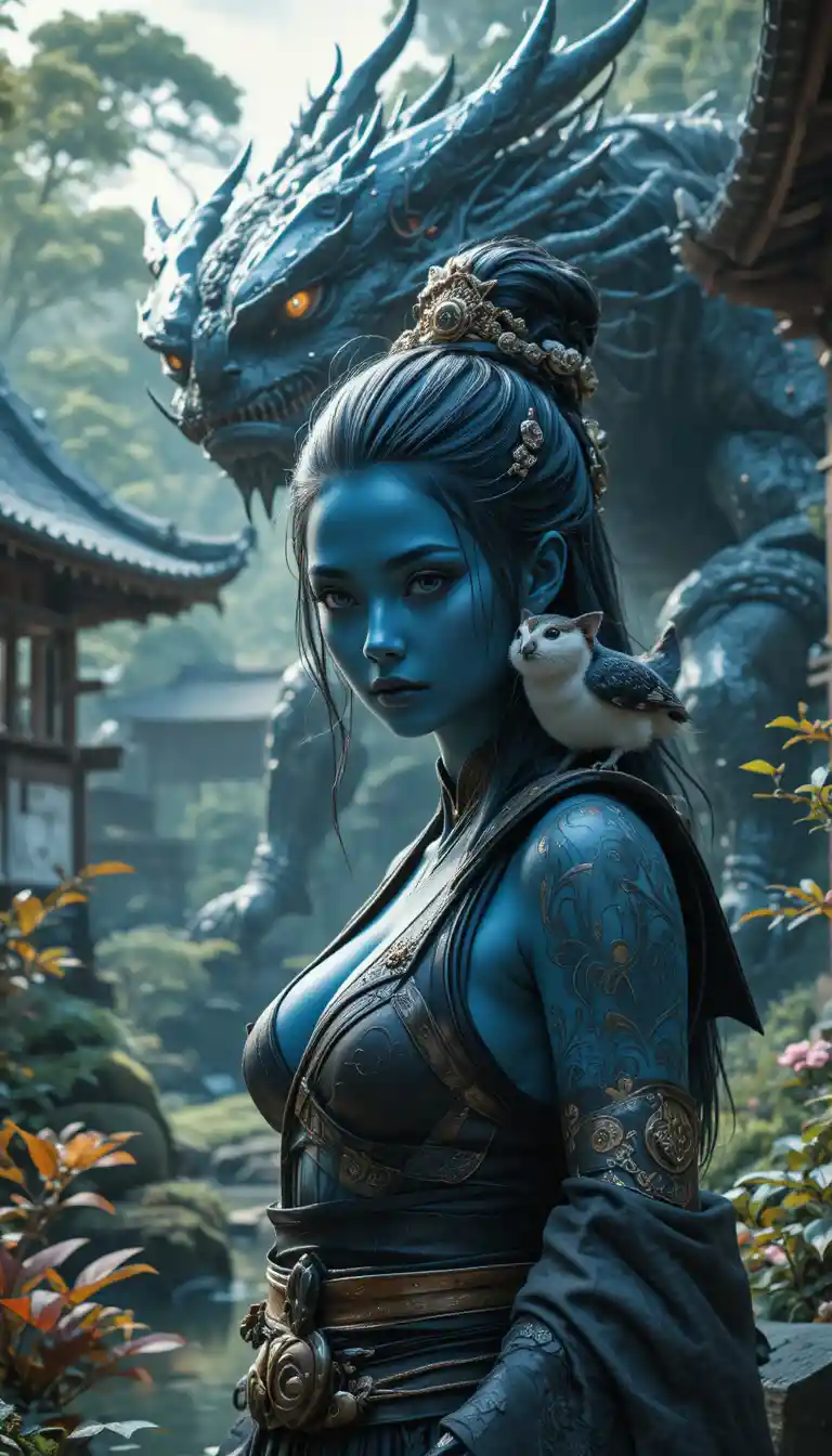 Femme samouraï à la peau bleue dans un jardin japonais paisible