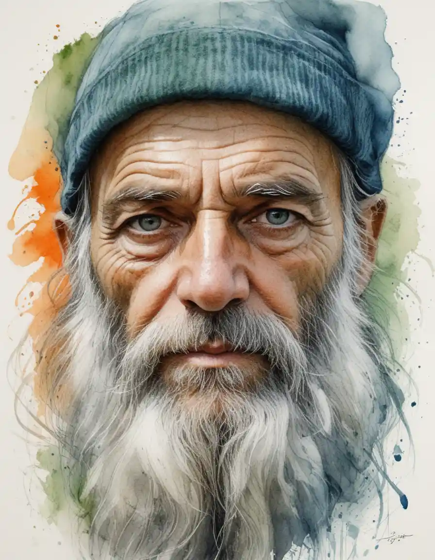 Elderly bearded man in blue cap ink and watercolor portrait