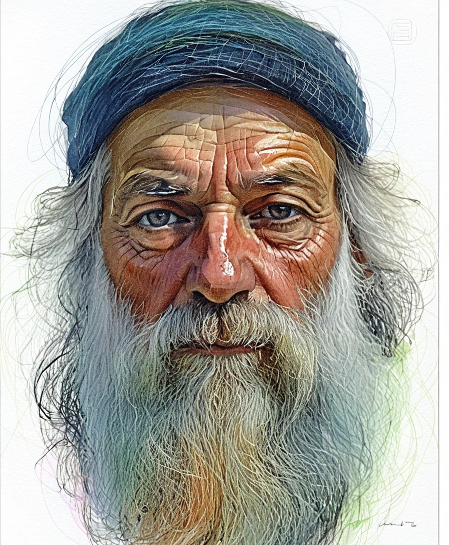 Portrait à l’encre et à l’aquarelle d’un vieil homme barbu avec casquette bleue