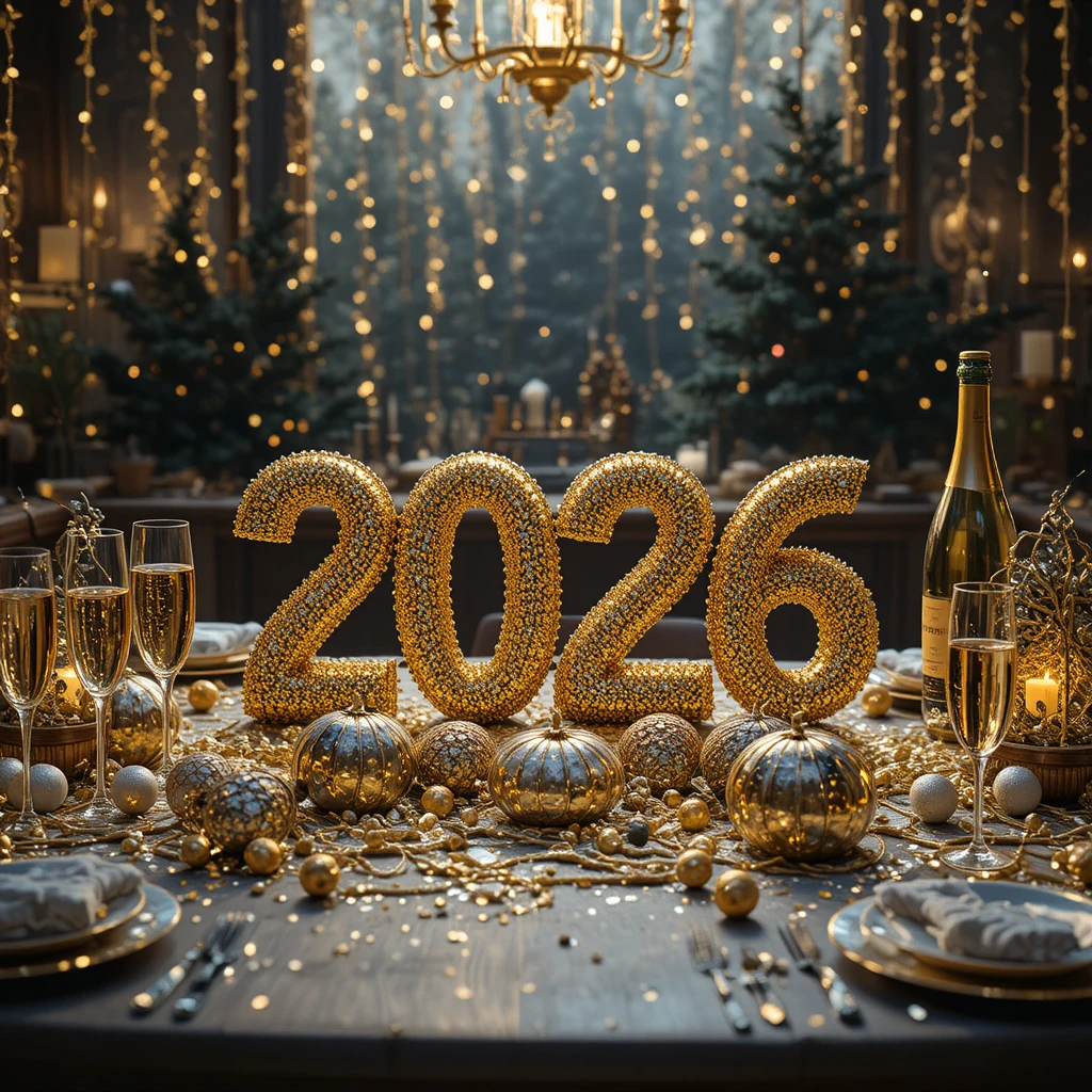 Luxurious New Years Eve party table with golden 2026 decor