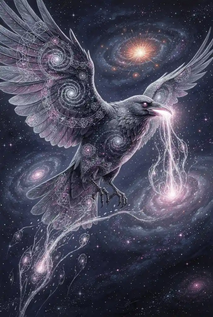 Transcendent Raven Spirit Dissolving Into Liquid Starlight