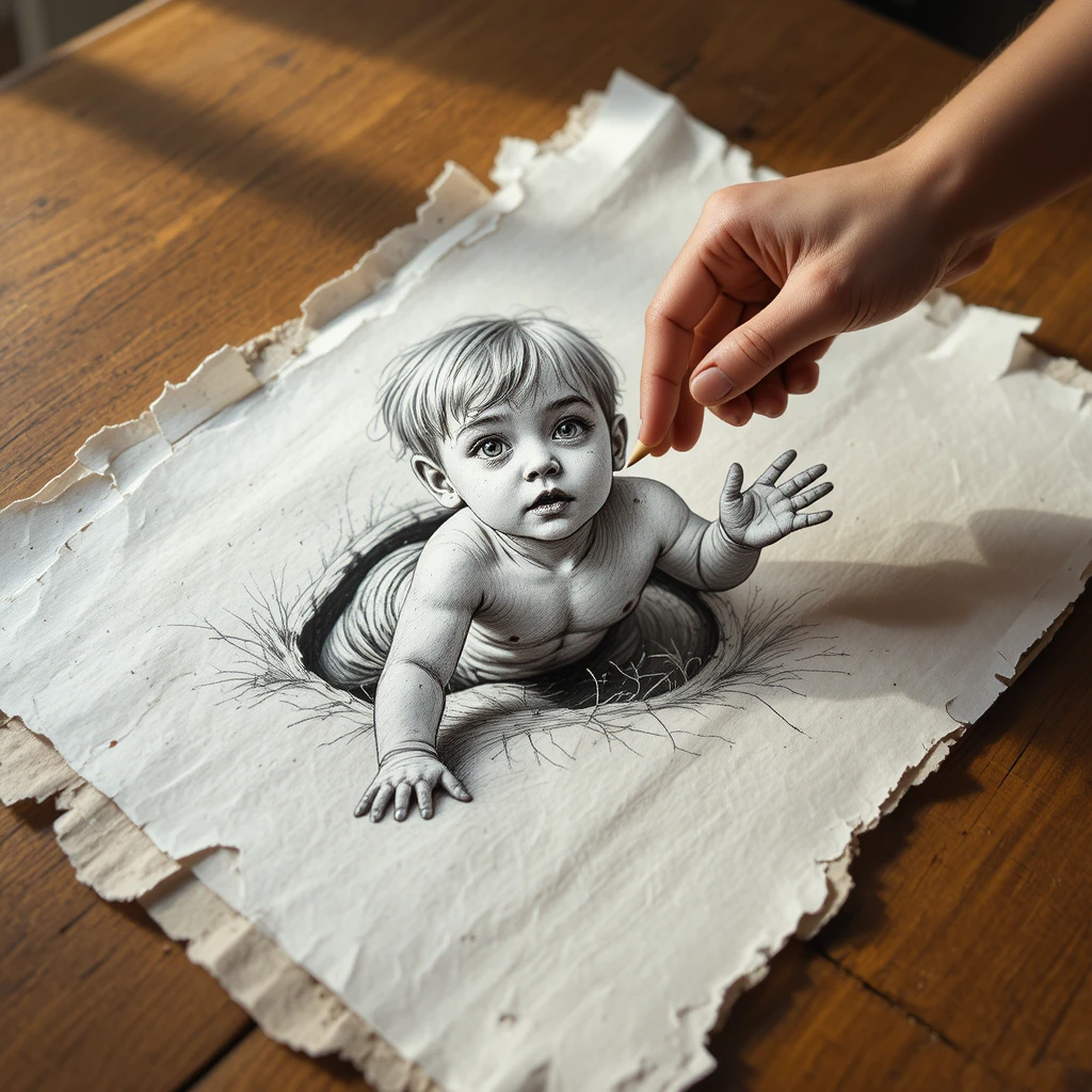 Bambino che esce da uno schizzo a matita e afferra la mano di un adulto