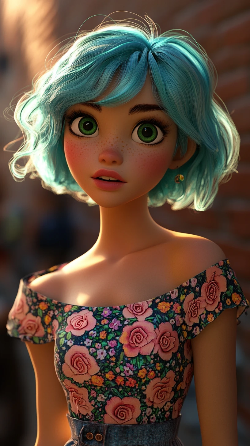 Turquoise haired girl portrait with floral patterned top