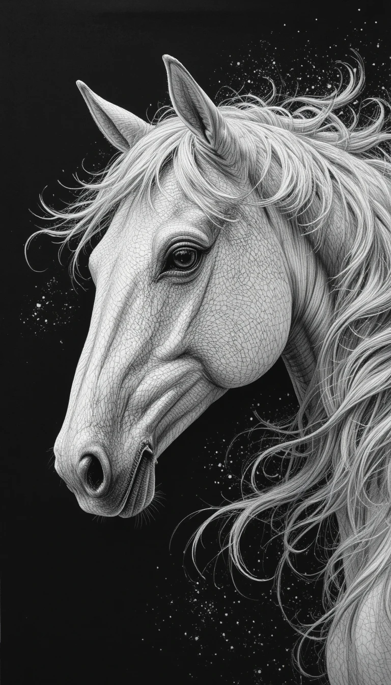 Retrato de caballo árabe blanco sobre papel negro con carbón