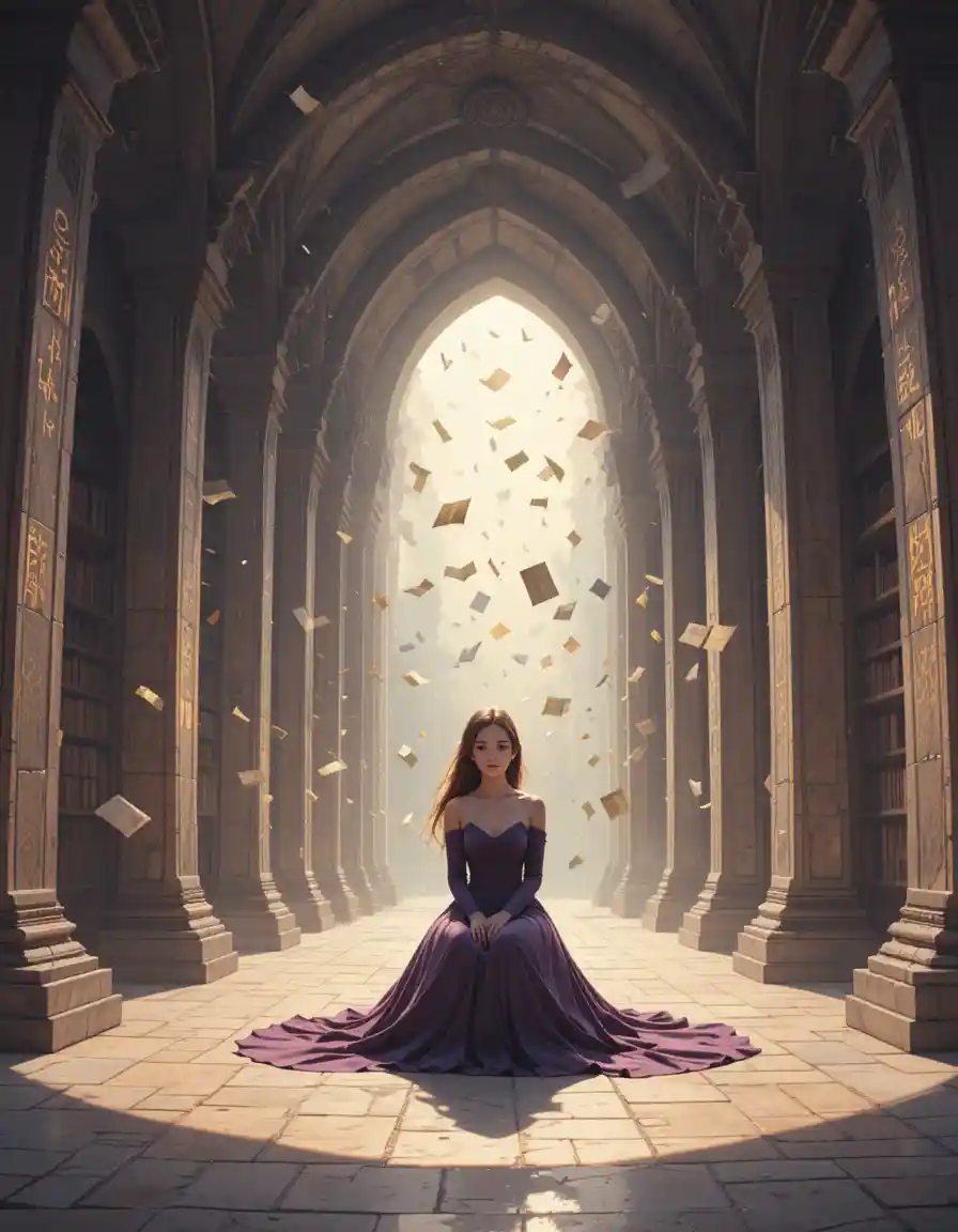 Elfenmädchen in einer alten offenen Fantasy-Bibliothek