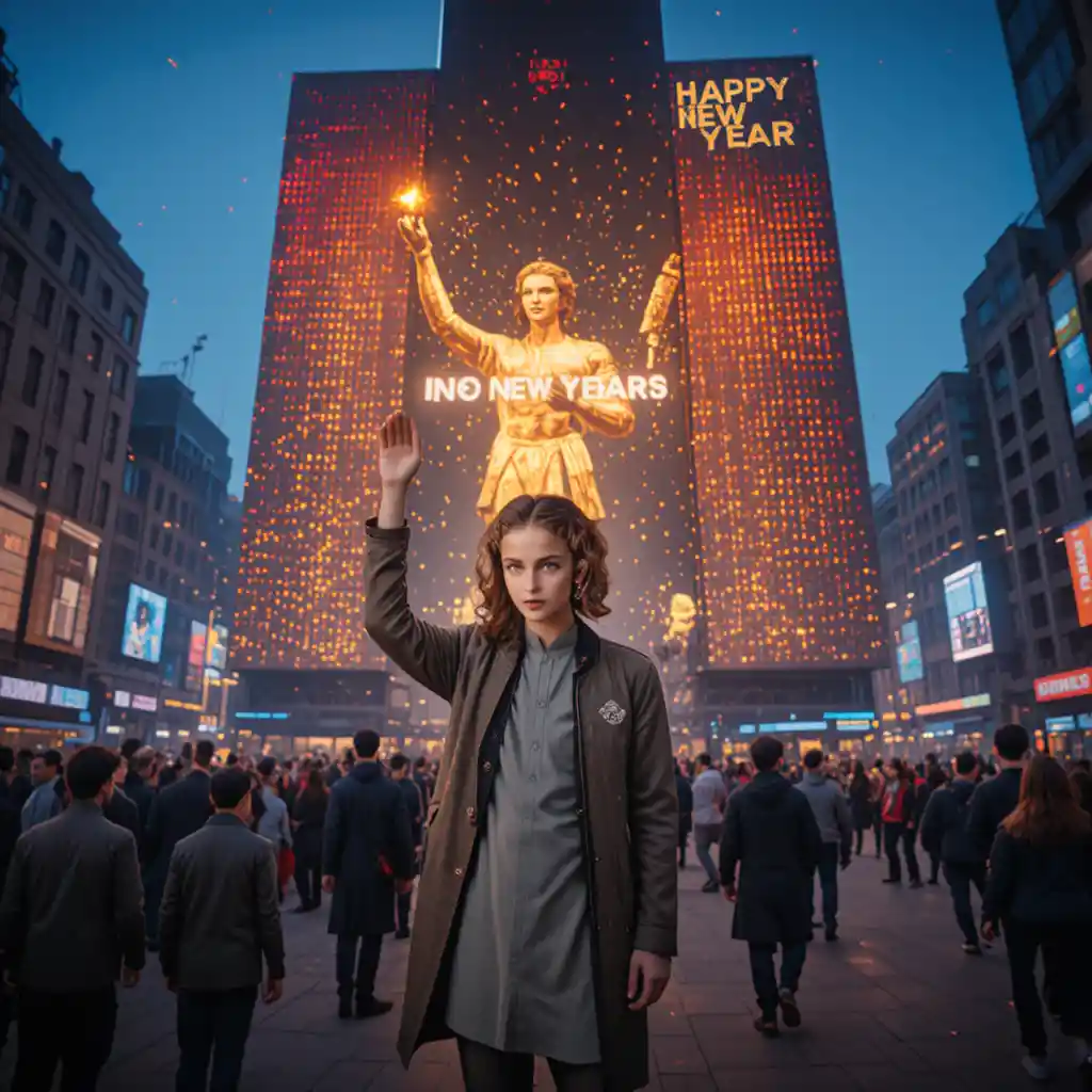 Uomo nella folla cittadina che osserva una gigantesca statua LED di Capodanno