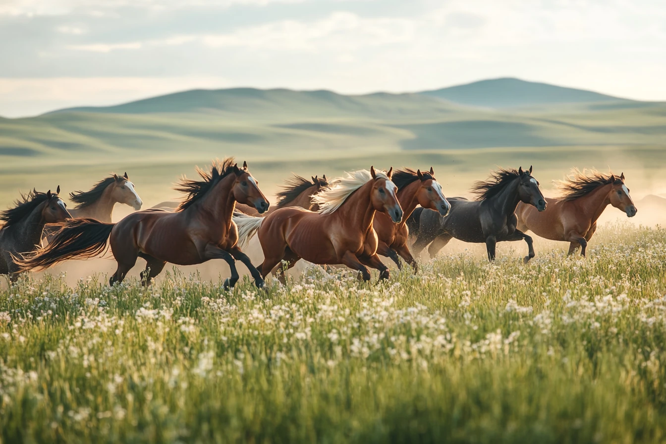 Cavalos selvagens galopando por uma planície de pastagem banhada pelo sol