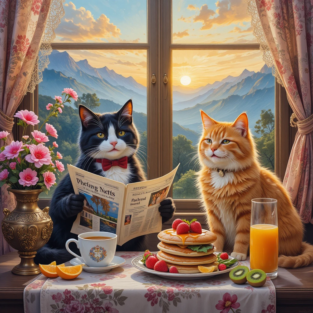 Deux chats duveteux prennent le petit-déjeuner près d’une fenêtre au lever du soleil