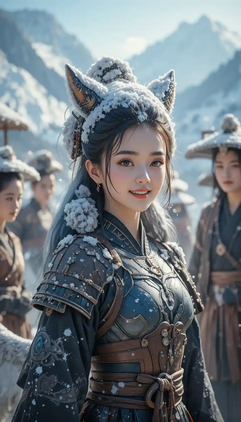 Smiling blue eyed samurai heiress among loyal friends