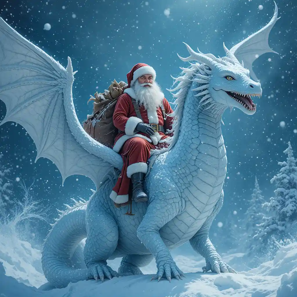 Papai Noel montando um dragão de neve em meio a uma tempestade de inverno