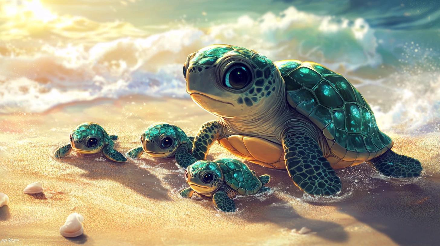 Süße Schildkrötenmutter führt ihre Babys über den goldenen Strand