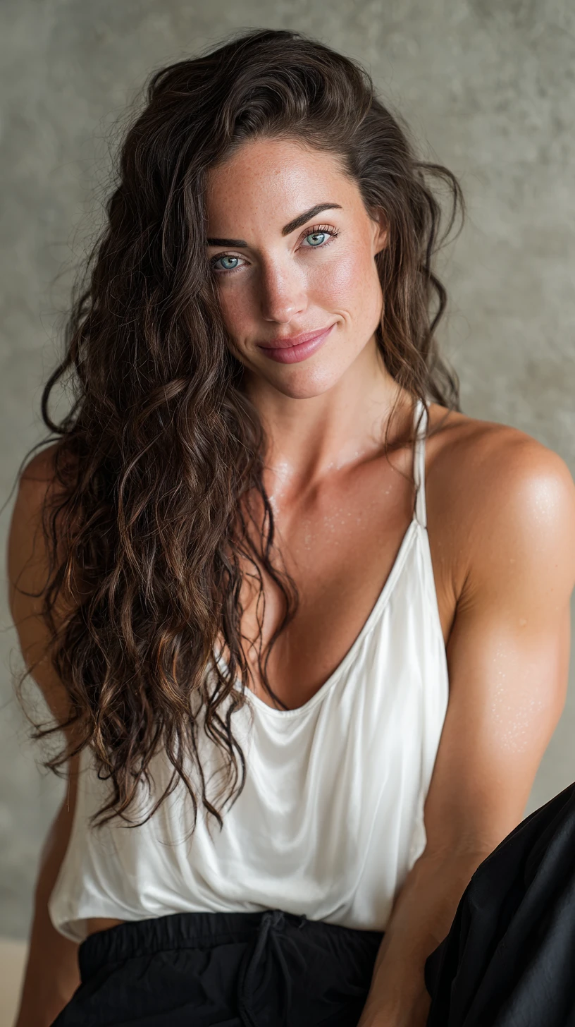 Strong brunette woman in white silk top against concrete