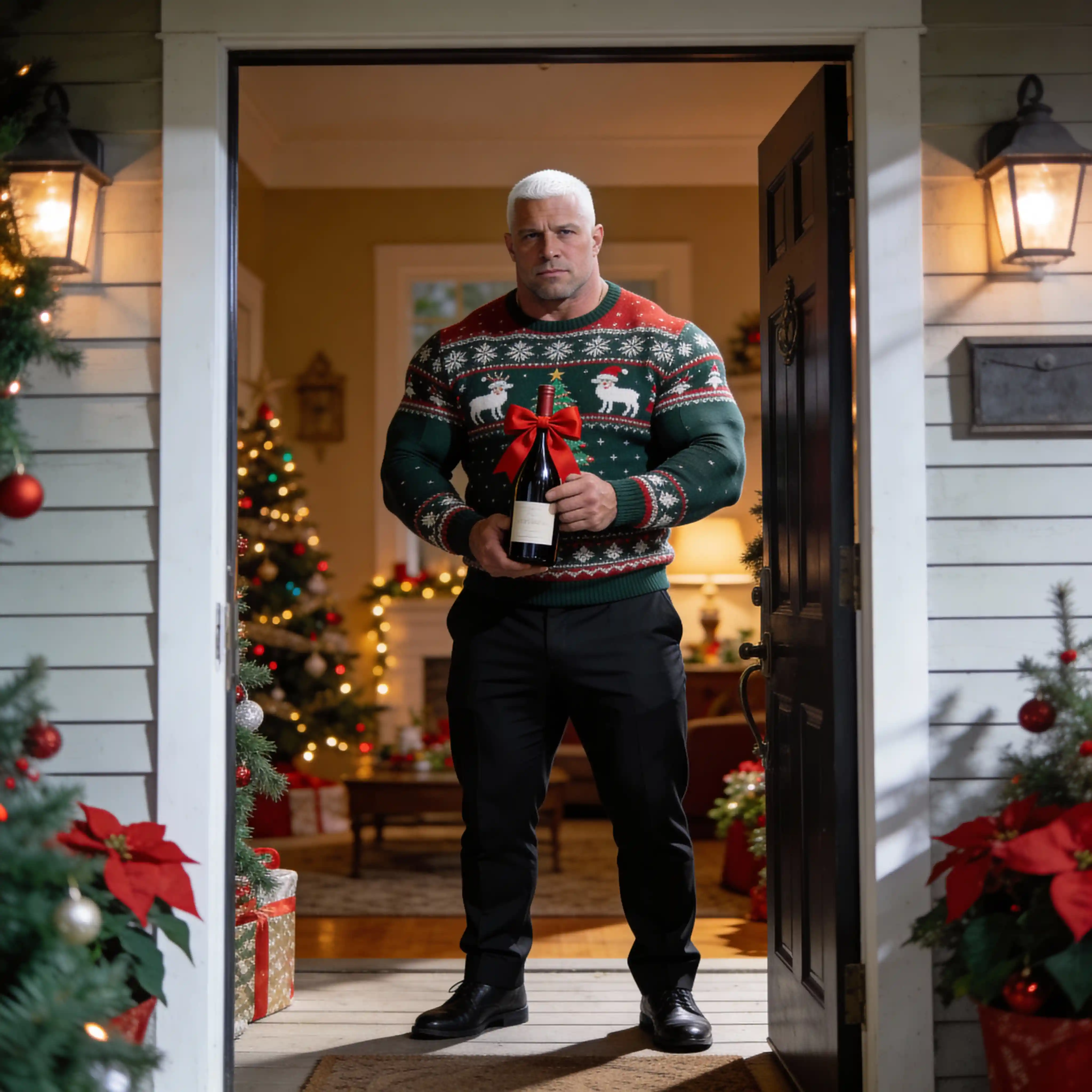 Muskulöser Mann an der Weihnachtstür mit Wein-Geschenkflasche
