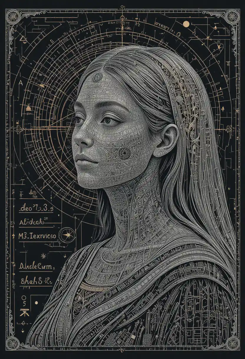 Portrait complexe en scratchboard d’une femme avec des diagrammes mathématiques