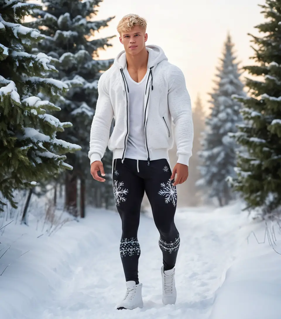 Young man in winter leggings walking on snowy path